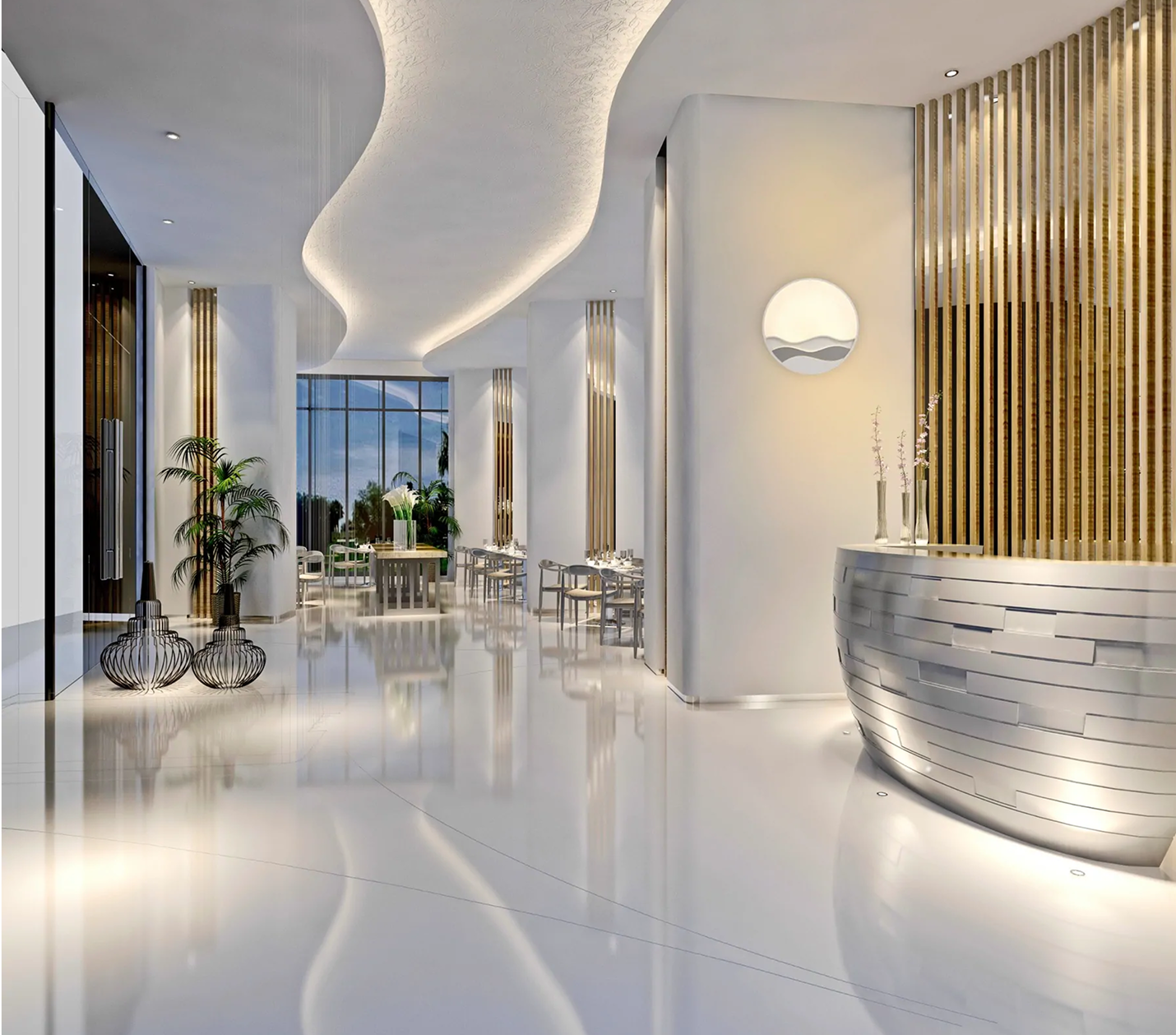 Premium Stones presents a luxurious modern interior featuring polished white marble floors, gold accents, and elegant decor.